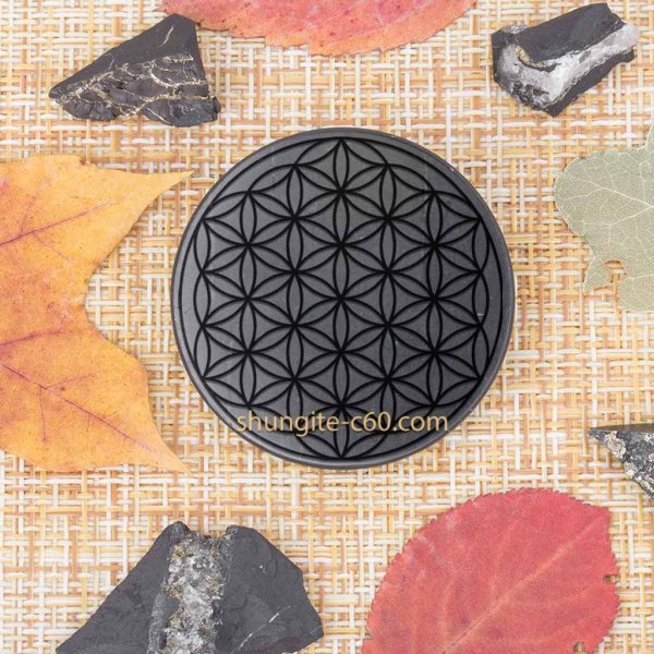 shungite emf shield circle carved pattern flower of life